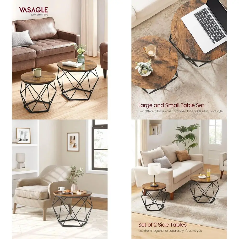 

Pair of Round Coffee Tables with Steel Frame, Rustic Brown & Ink Black, Ideal for Living Room, Bedroom, and Office