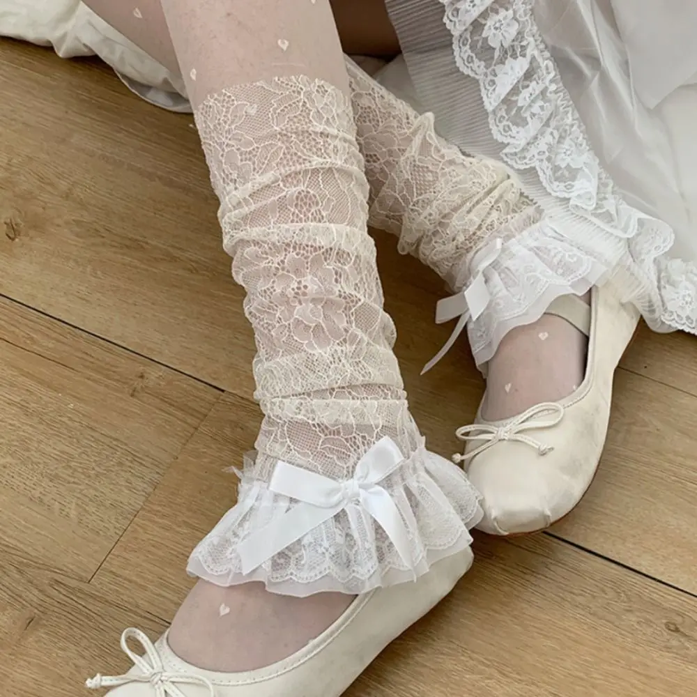 

Trendy Bow Ruffle JK Calf Long Socks Y2k Transparent Lace Flower Stockings Mesh Sweet Mid-tube Stockings Girls