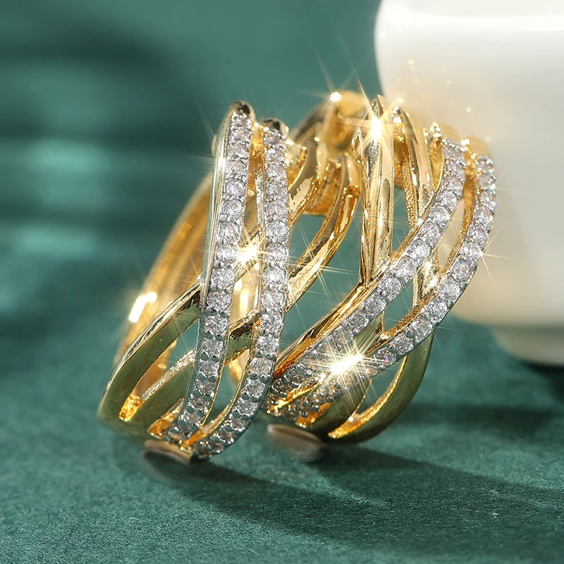 Schillernde vergoldete Kreuz-Creolen in X-Form für Damen mit synthetischen Zirkonia-Steinen, trendiger Schmuck für Partys und Bankette