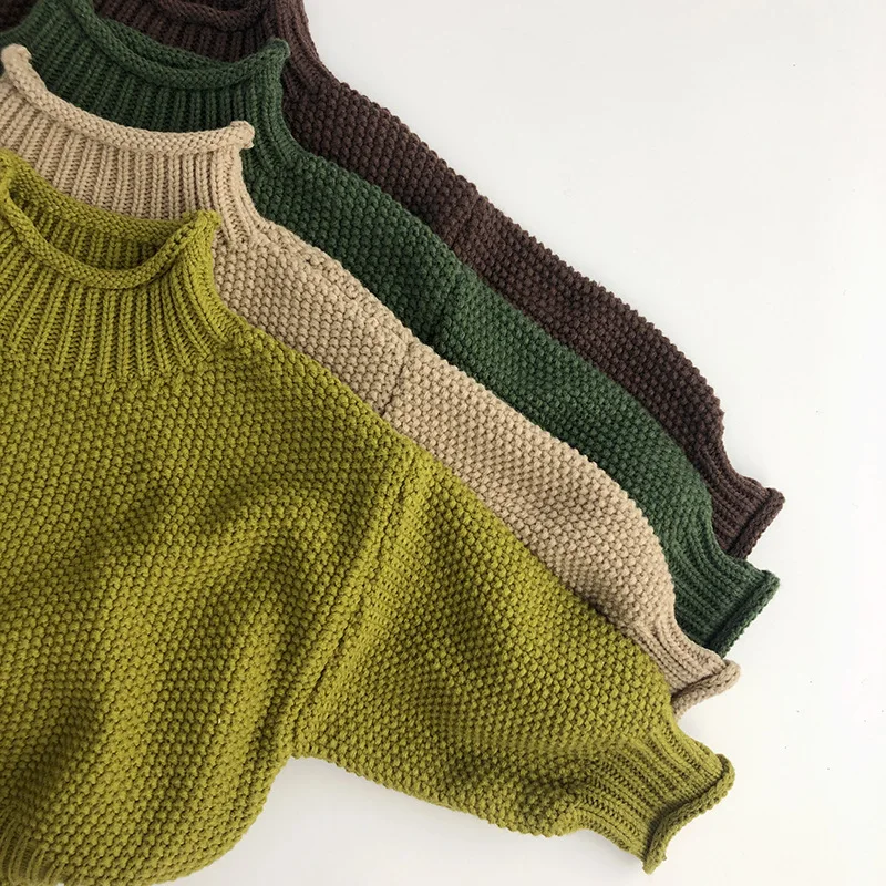 HoneyCherry Autumn Retro Knitted Turtleneck Pullover Sweater Boys Knitwear Solid Color Long Sleeve Sweater Girls Sweater