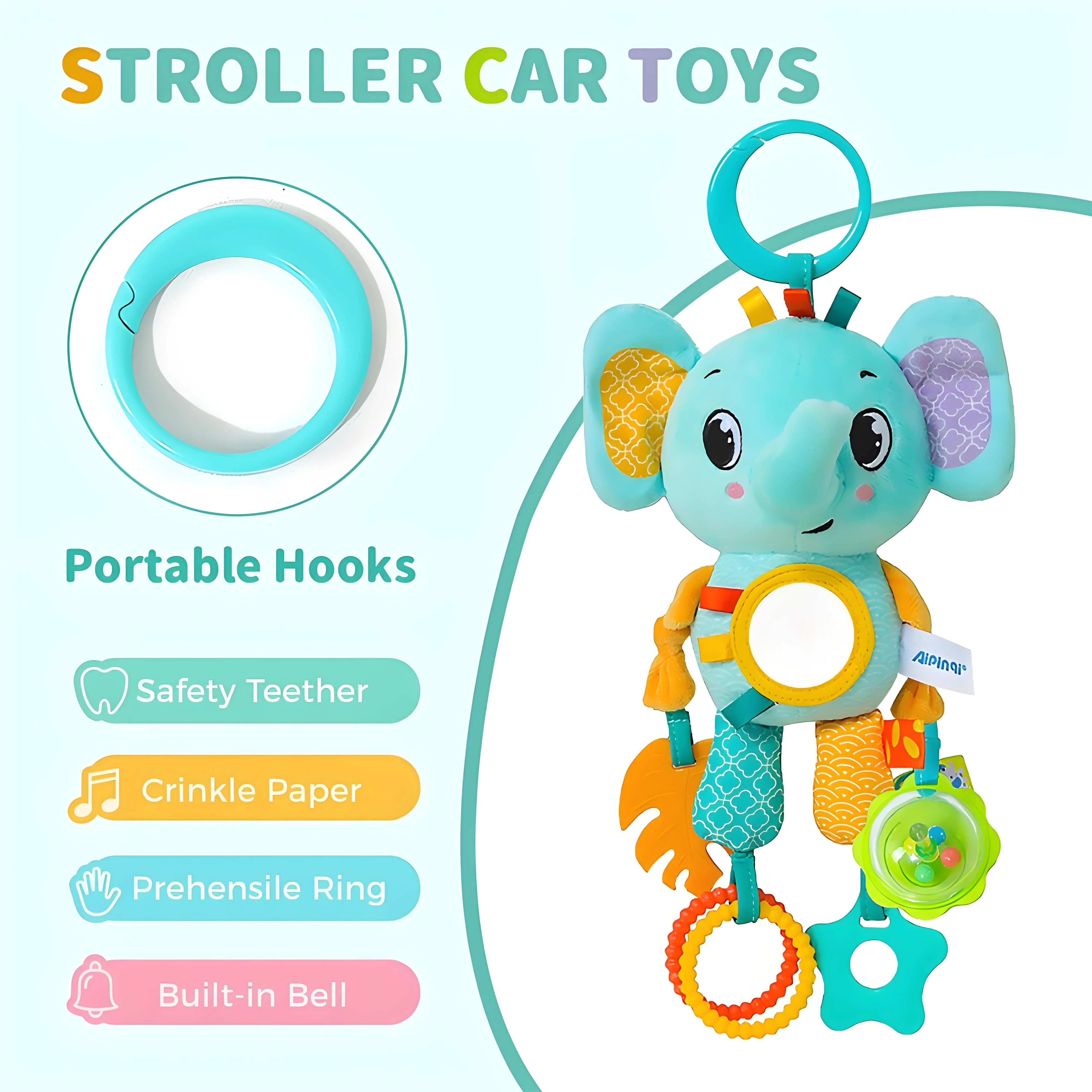 Crinkle piepend pluche dierenspeelgoed |   Multi-zintuiglijke hangende activiteit met bijtring |   voor kinderwagen wieg en autostoelontwikkeling
