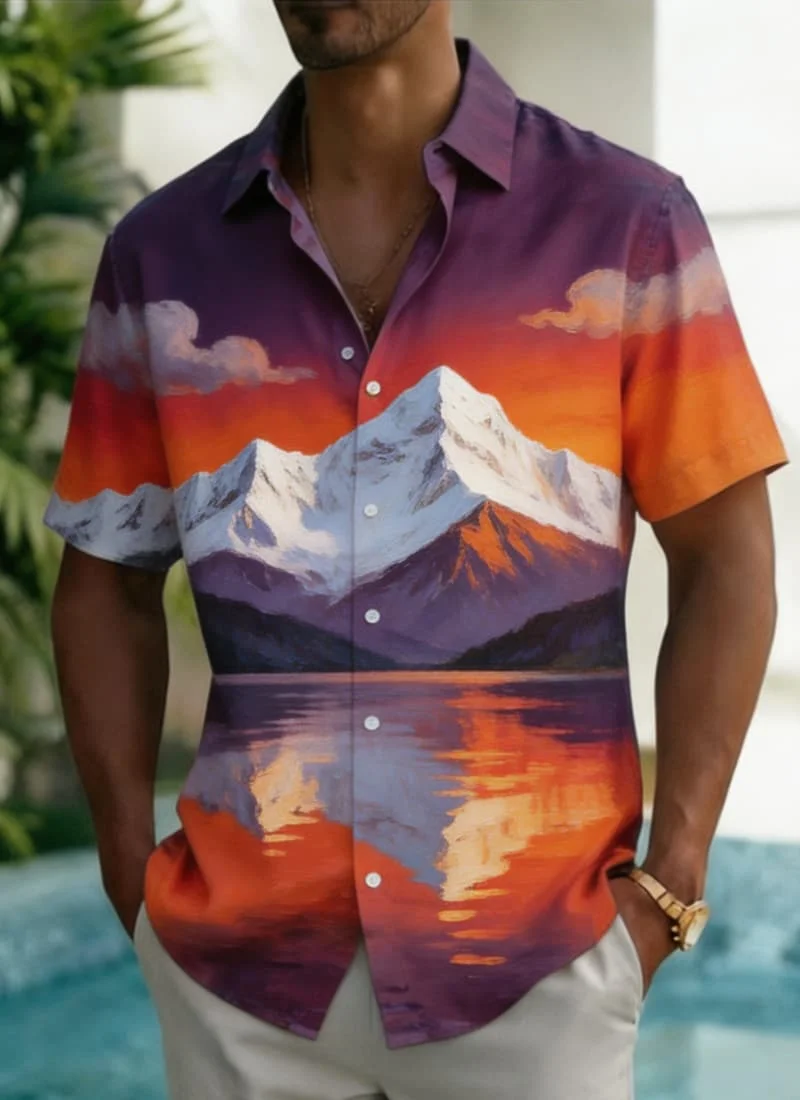 

Men's Vibrant Vacation Artistic Scenery Print Shirt, Bold Exotic Style for Summer Parties, Beach Events, Vacation & Daily Looks