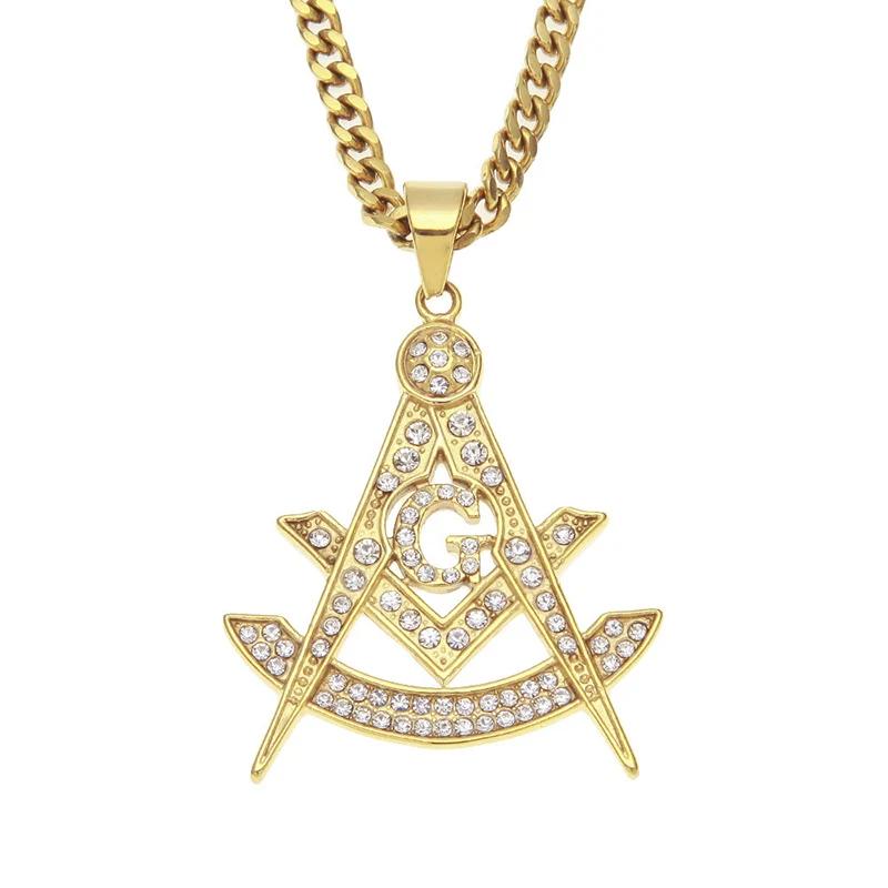 9 Styles Hip Hop Bling Iced Out Gold Color Stainless Steel Masonic Freemasonry AG Pendants Necklace for Men Rapper Jewelry