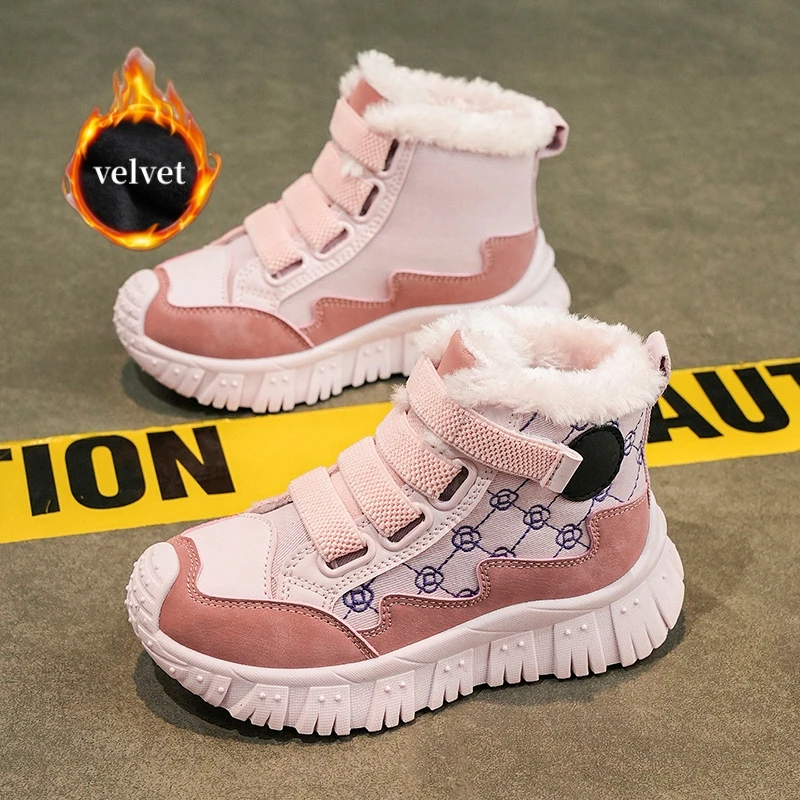 Zapatillas altas de terciopelo para invierno, botas de nieve rosas para niñas y niños, botas cálidas de algodón de felpa, zapatos de senderismo con plataforma para exteriores para niños