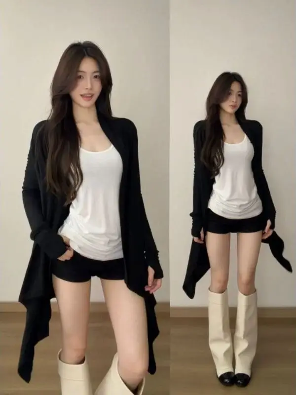Laid-back Style Spicy Girl Layered Long Coat Strap Vest Two-piece Set Women's Early Autumn New Irregular Fashion Outfit