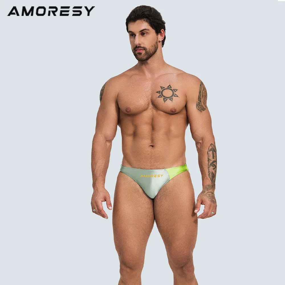 AMORESY-Color-Block Swimming Trunks for Men, Spandex Triangle Briefs, Sexy Fashion, Vacation Beach Style Briefs,Shorts