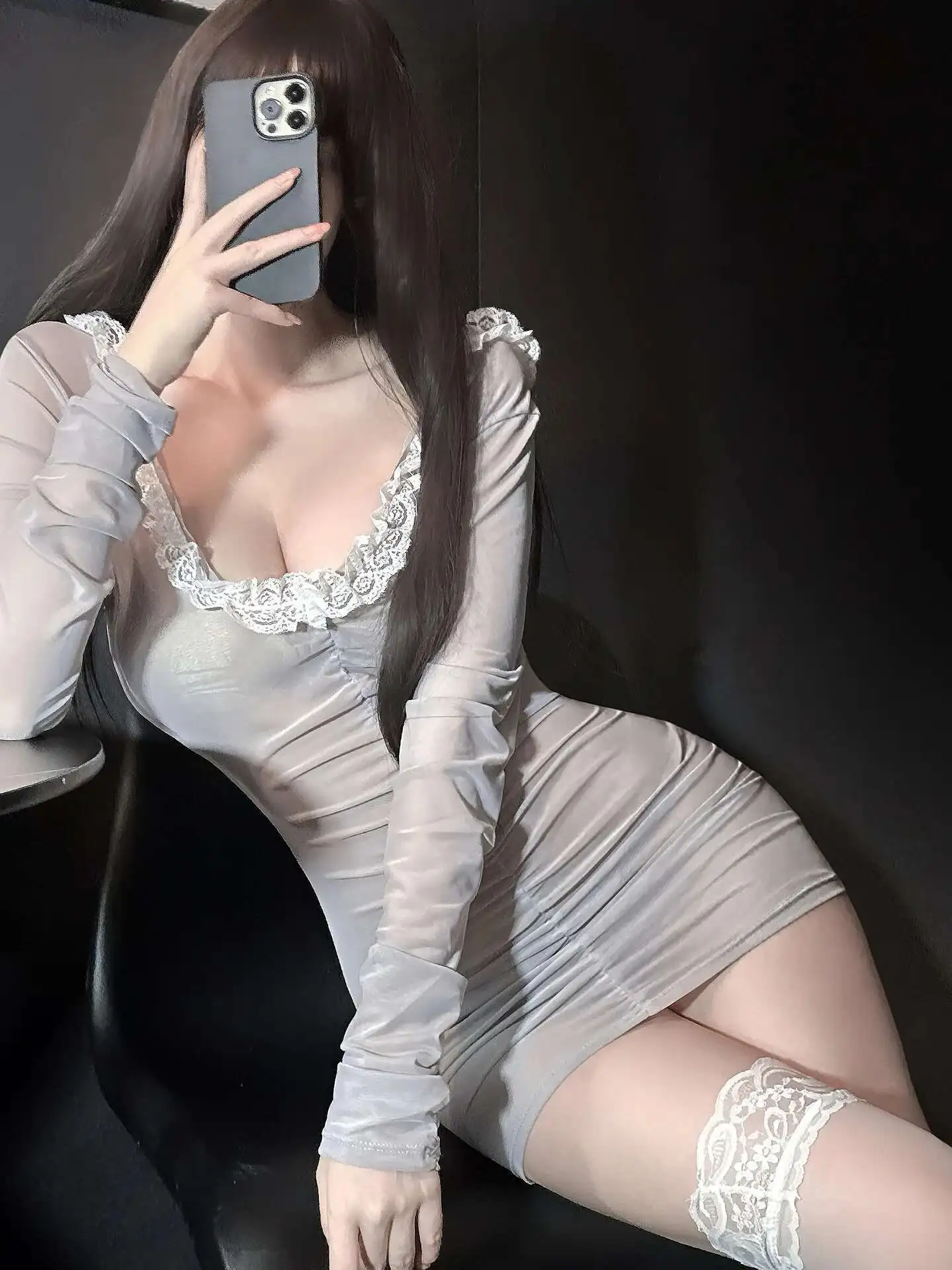 erotische sm mini-jurk lange mouw sexy v-hals mesh pure kant gewikkeld rok nachtjapon jurk elegante hot sexy zoete vrouwen 6wwz