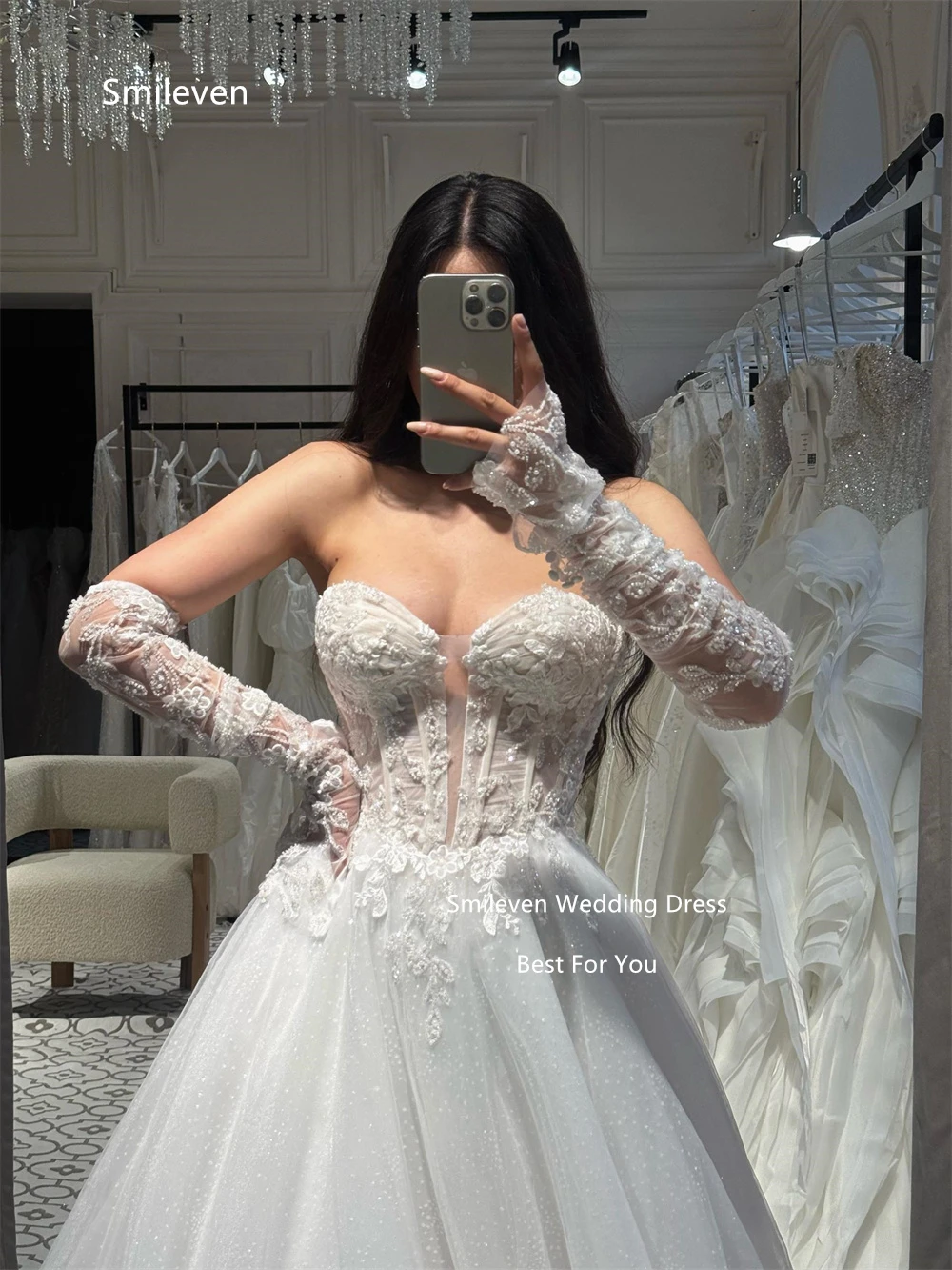 Smileven White Tulle Ball Gown Wedding Dresses Sweetheart Strapless Bridal Dress Floral Corset Long Train Gowns Customized 2026