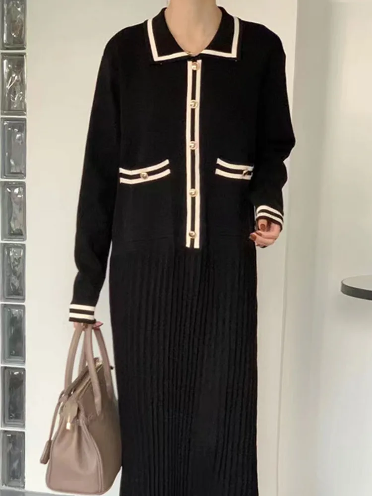 Women\'s Loose Elegant Vintage Knitted Dress, Lapel, Contrast Color, Mid-Length Skirt, Autumn And Winter Clothes, New Temperament