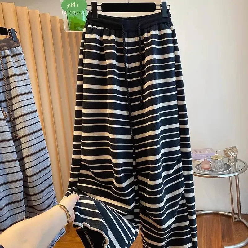 

Men's Autumn Winter plus Size Lazy Sle Striped Fce Lined Thi Wide Leg Casual Pants Korean Streetwear Loose Fit Trousers