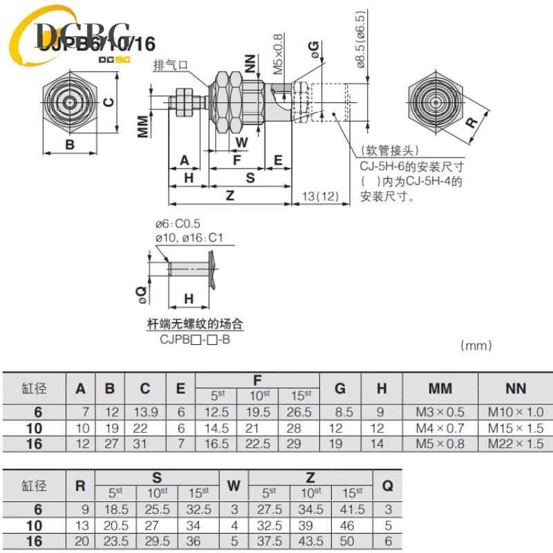 Zylinder der CJPB-Serie CJPB6-5 CJPB6-10 CJPB10-5 CJP10-10 CJPB10-15 CJPB15-10 Einfachwirkender Miniaturzylinder mit Federrückstellung