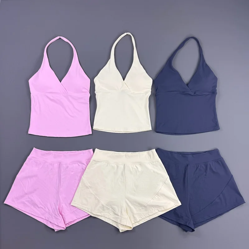 2 Pieces Women Gym Set Halter V‑Neck Backless Crop Top High Waist Sports Shorts Solid Soft Breathable Yoga Training Workout Suit