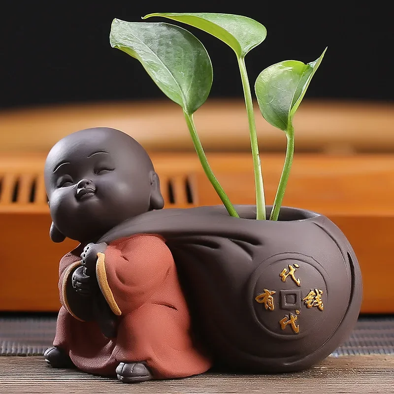 Fortune Lucky Cute The Little Monk Purple Clay Tea Pet Home Decor Mini Water Planting Flower Vase