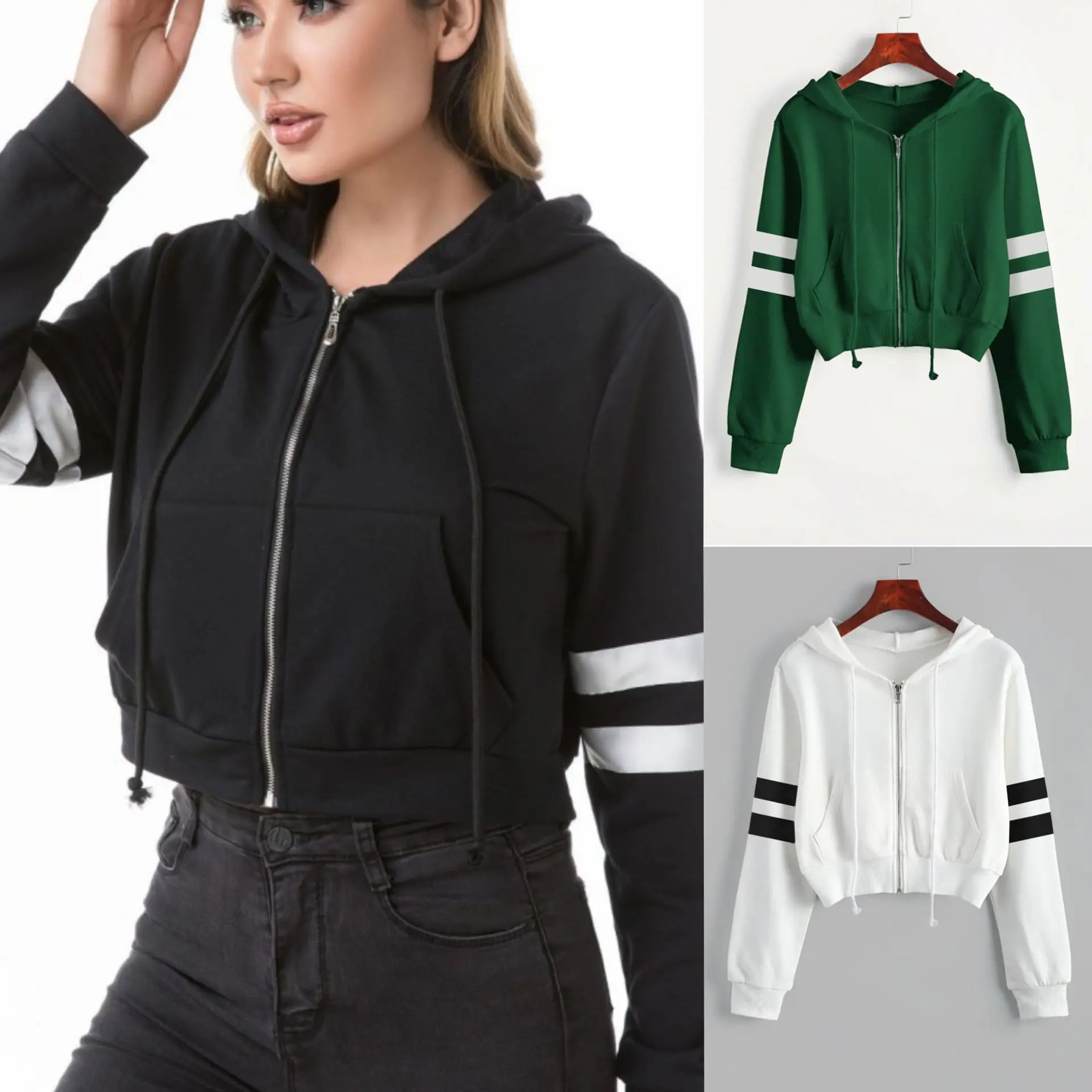 Sudadera con capucha y cremallera para mujer, Tops cortos de manga larga, sudaderas con capucha a rayas informales, ropa de calle Harajuku, chaquetas femeninas, abrigos de otoño