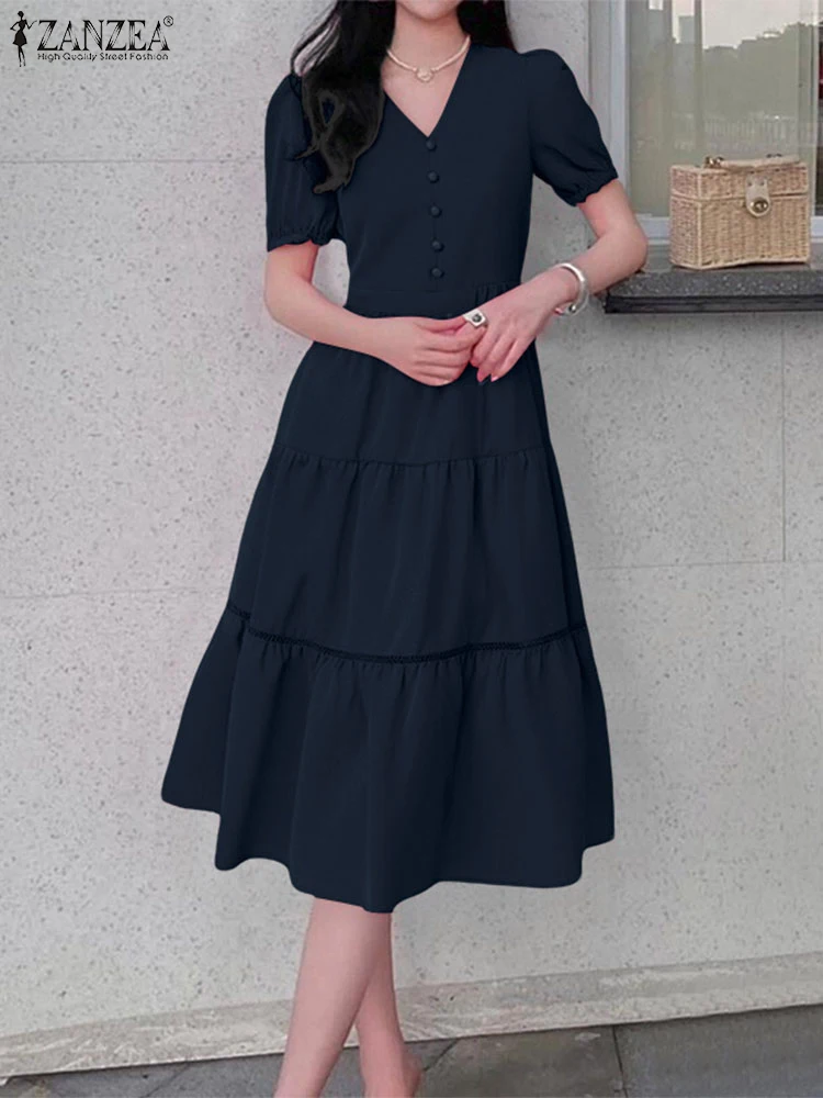 Zanzea mulher elegante em camadas midi vestidos 2025 verão moda com decote em v manga curta puff a linha robes femme rendas retalhos vestidos