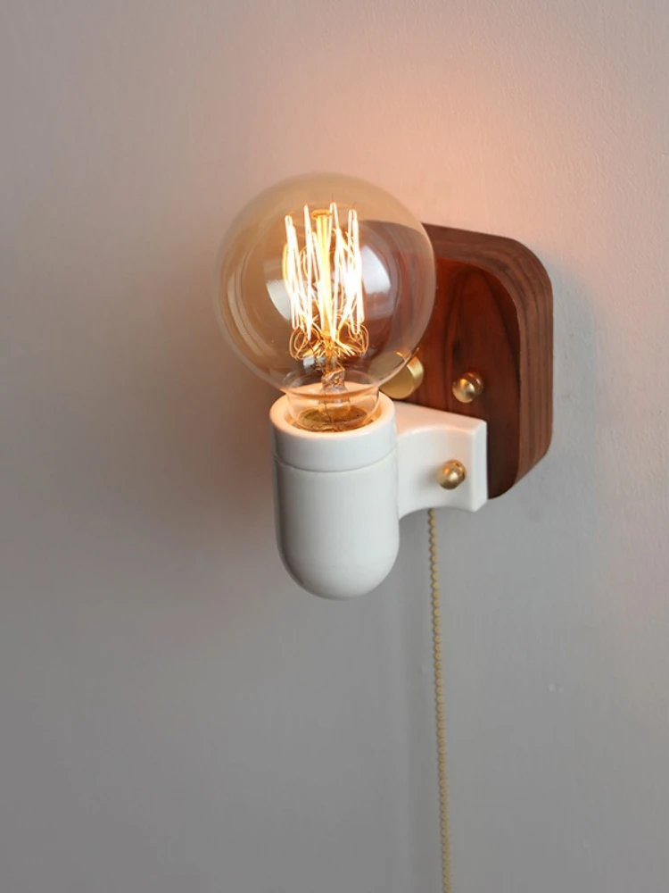 

Nordic Bedside LED Wall Sconce Lamp Vintage Switch Square Wood Base Living Room Baedroom wall Lights E27 Indoor Lighting fixture
