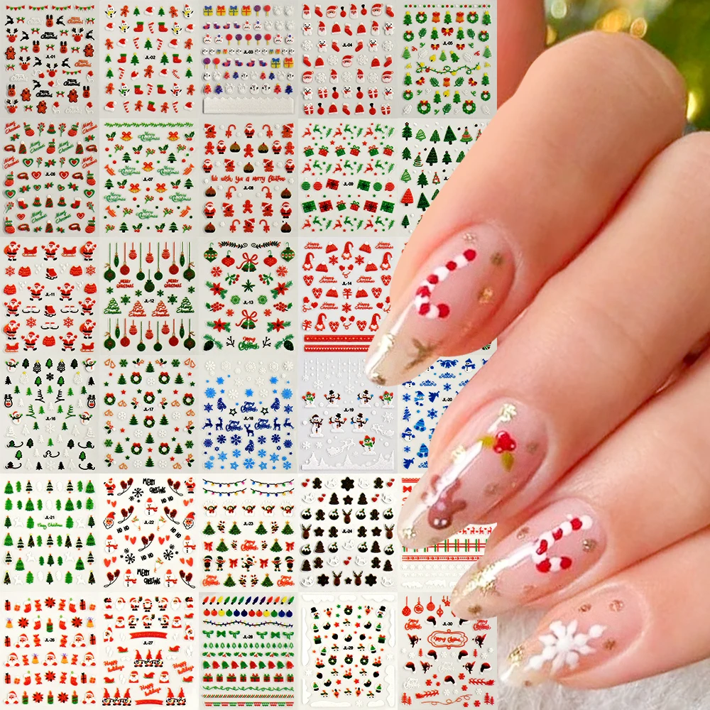 30pcs Cute Cartoon Snowman Christmas Nail Art Sticker Sparkling Glitter Red/Green Nail Decals For New Year Manicure Accessories