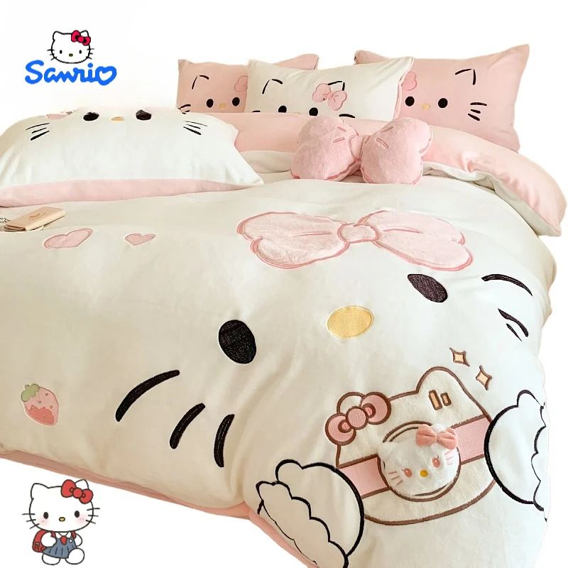 

Милое постельное белье с героями мультфильмов «Hello Kitty», комплект из четырех предметов, креативный кавайный комплект для девочек, милая принцесса, зимние теплые простыни и пододеяльник, подарок