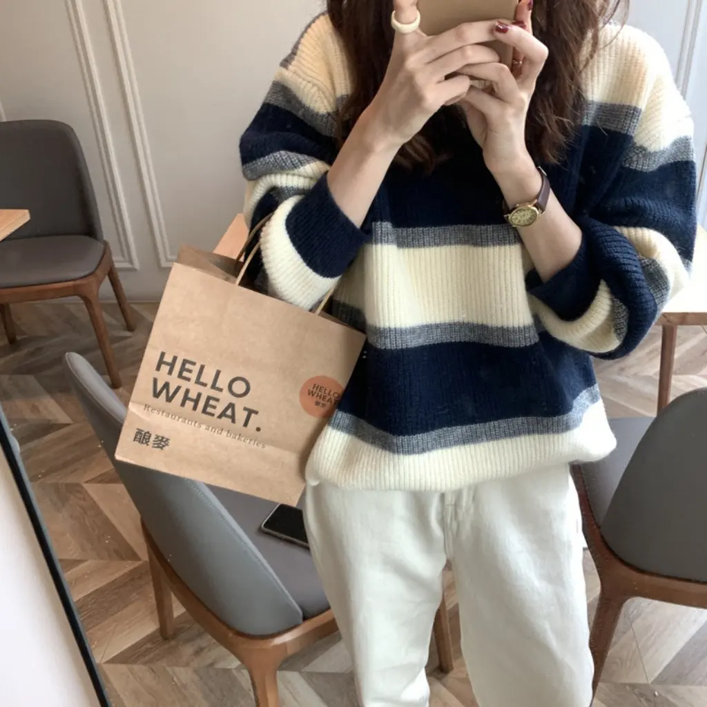 

Women's Autumn Winter Knitwear Top Trendy Retro Color Matching Loose Striped Design Outerwear Casual Fashion