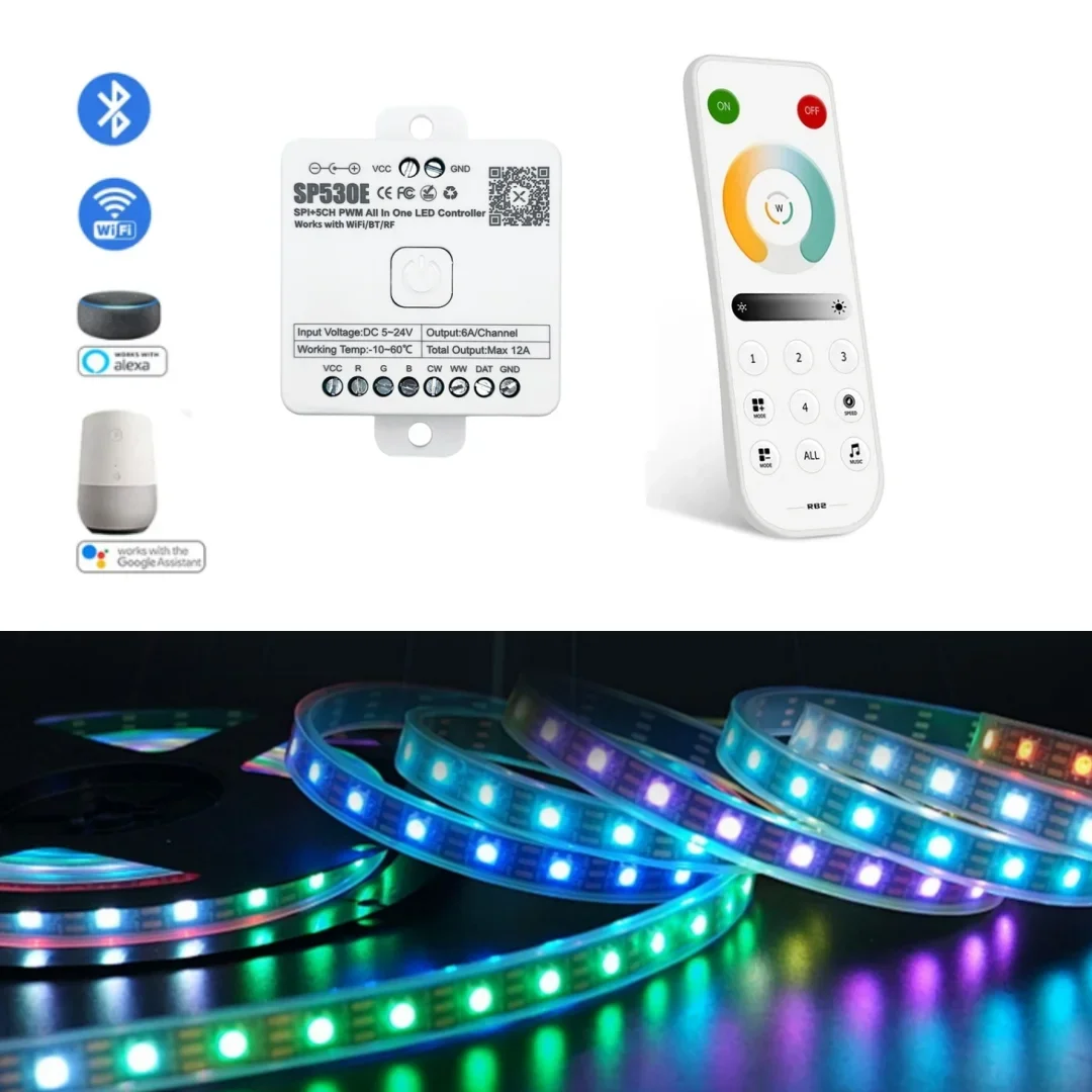 5V-24V Multi-Function SP530E SPI PWM 5CH All in One LED Controller RGB RGBW RGBCCT Sk6812 WS2811 5050 3528 12V LED Strip Light