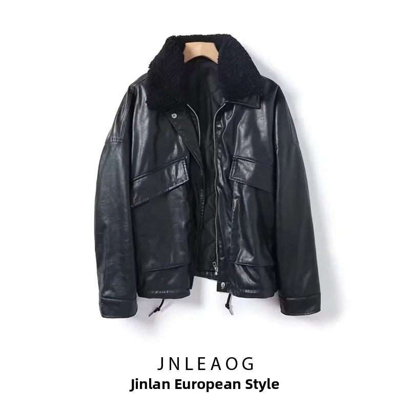 JNLEAOG Women's Commuter Style Leather Jacket Summer New Comfortable Detachable Fur Collar Daily Outdoor Fashionable PU Leather