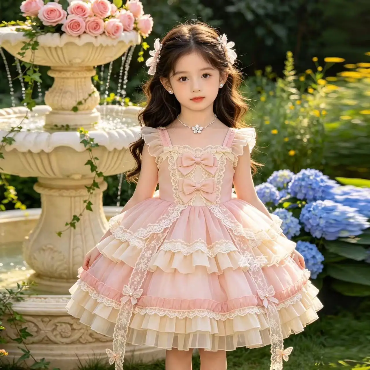 Baby Girls Princess Lolita Dress 2026 Summer New Kids Sweet Pink Lace Bow Sleeveless Flower Girl Cake Dress Birthday Party Gown