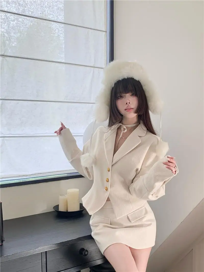 Women\'s Winter French Short Blazer Coats Half Skirt Set Retro Casual Solid Color Waist Closing Suit Half Skirt Two-piece Sets