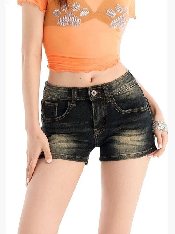 Y2K Retro Blue Denim Shorts Women Summer American Tight Fitting A Line Hot Pants Trend