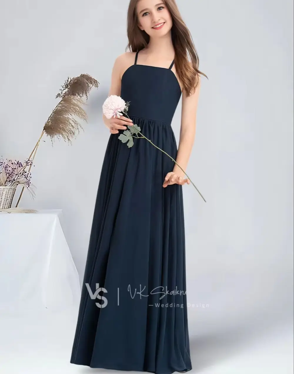 

BBAA-line Square Floor-Length Chiffon Junior Bridesmaid Dress With Bow Dark Navy Flower Girl Dress for Wedding Communion Dresses