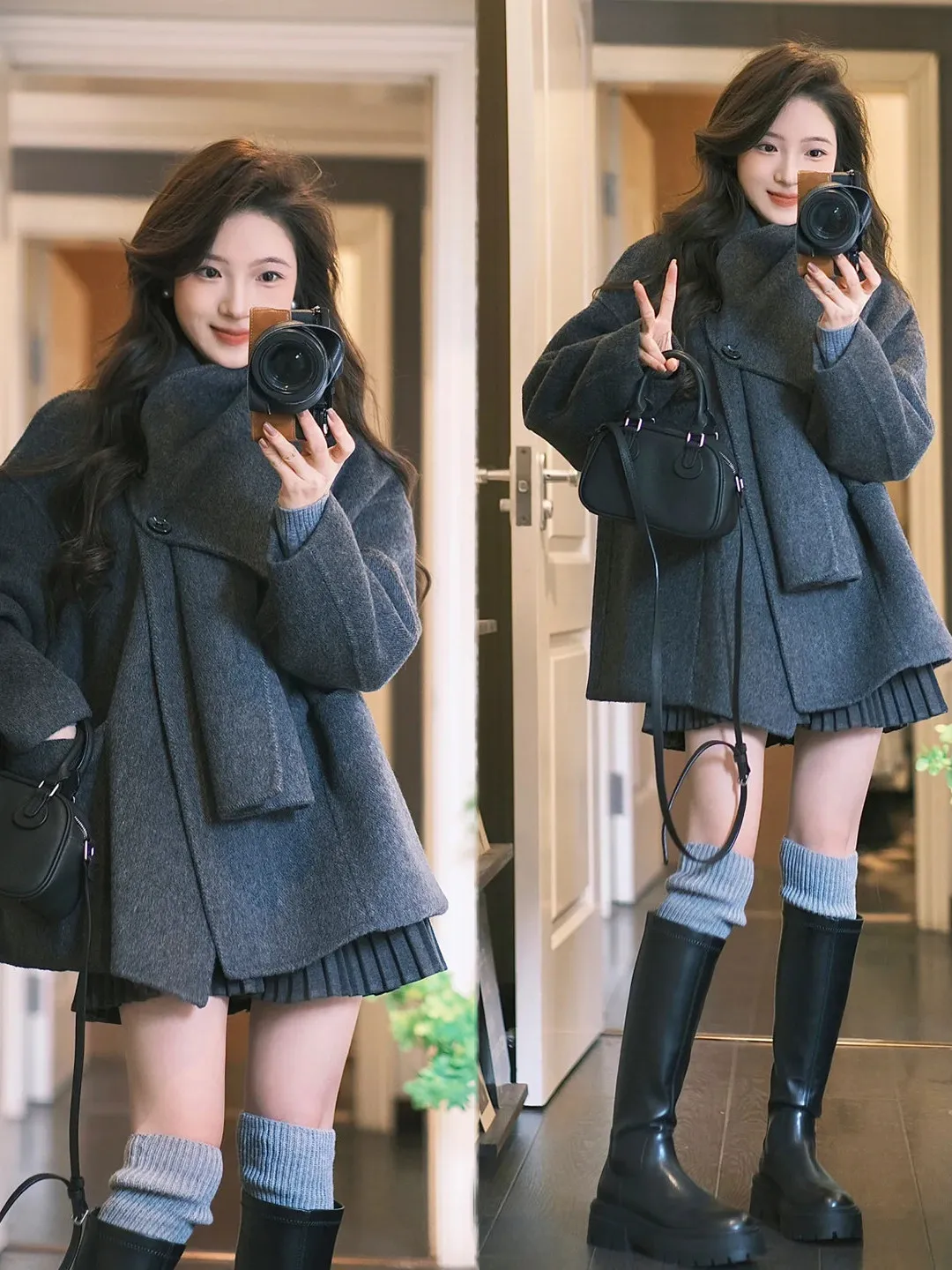 

plus Size Winter Faion Set for Women with Scarf Woolen Coat Pleated ort Skirt Korean Sle High Waist Warm And Sophistied