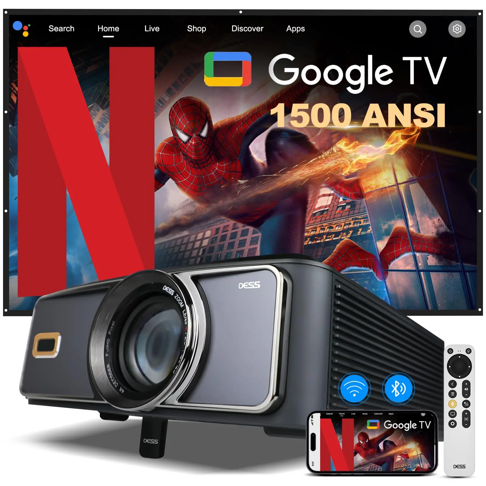 جهاز عرض DESS بتركيز تلقائي 4k للتحكم الصوتي في المسرح المنزلي والفيديو أندرويد جهاز عرض ذكي عالي الدقة مع جهاز عرض Netflix وGoogle TV