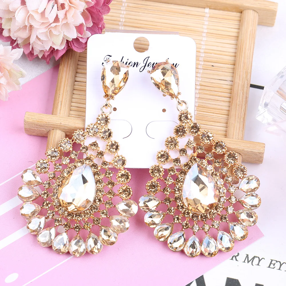 Prom Party Jewelry Accessories Gold Color Hollow Out Long Crystal Rhinestone Champagne Chandelier Earrings for Women