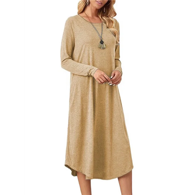 

ABUM-Women's Long Dress Long Sleeve Round Neck Pajamas With Pockets
