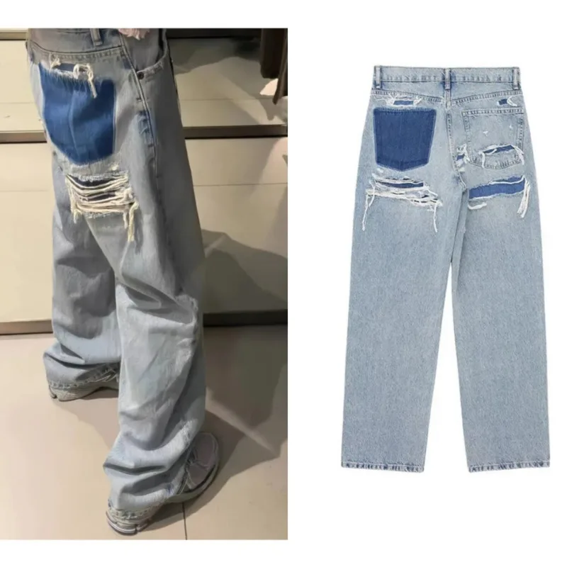 

Women Fashion Casual ZA Contrasting Color Jeans Summer Retro Y2K High Street Broken Holes Loose High Waisted Wide Leg Denim Pant