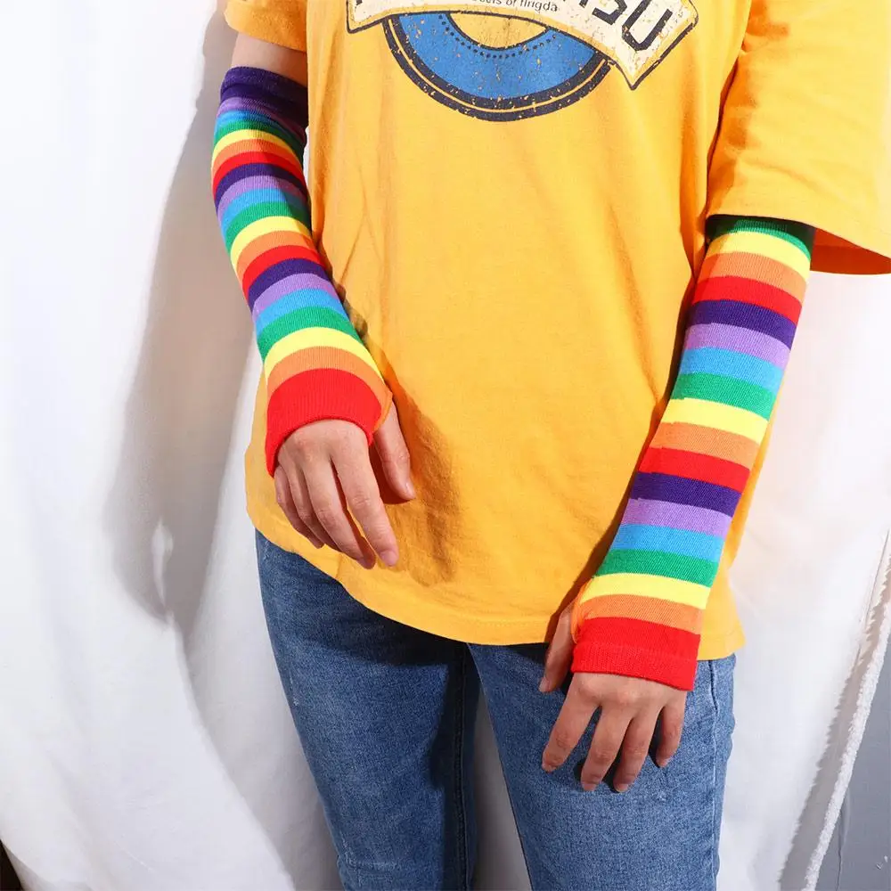 Outdoor Lovely Thin Printing Summer Hand Sleeve Rainbow Sleeve Cuff Knitting Gloves Striped Arm Warmers Female Arm Warmers