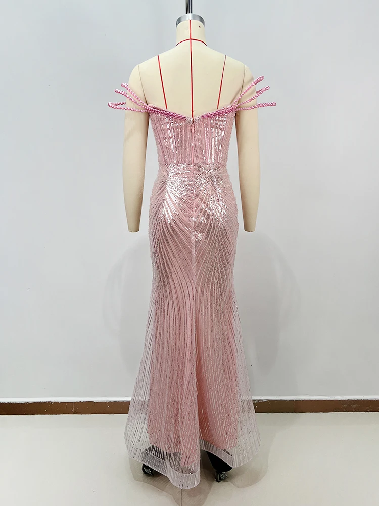 Gala Elegant Glamour Pearl-Strap Pink Sequin Sleeveless Mermaid Gown for Formal Date Night Dress