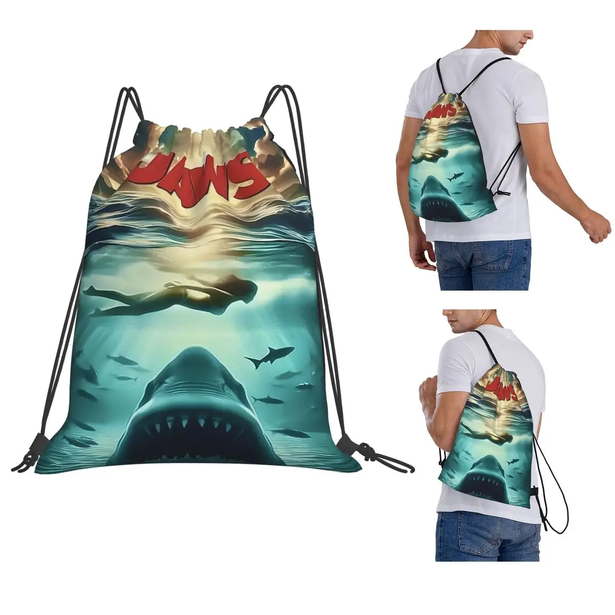Jaws Horror Movie Backpacks Fashion Drawstring Bags Sports Bag Book Bags for Travel School