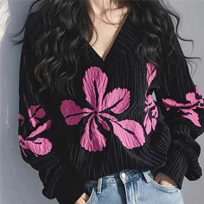 Printemps automne tricots pull femmes 2025 nouvelle mode ample décontracté fleur impression hauts col en v chemise noire femme