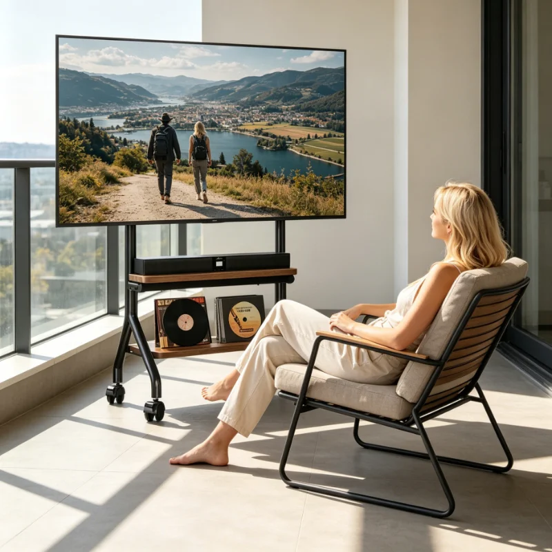 Contemporary Mobile TV Cart With Wooden Shelves Metal Frame Height Adjustable TV Stand With Lockable Casters Fashion Home Indoor