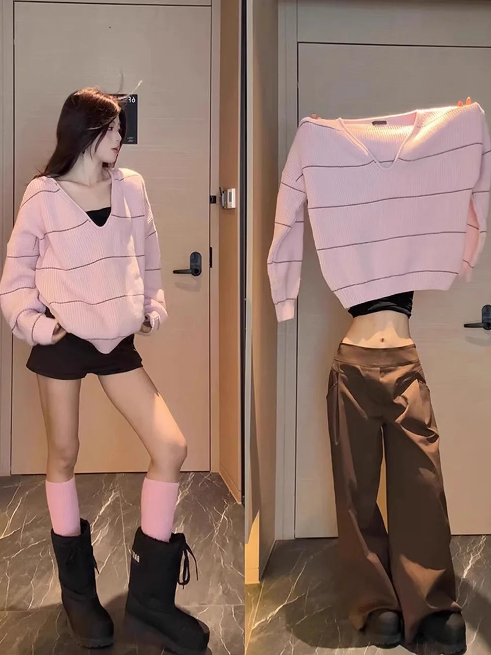 

Корейский вязаный свитер в розовую полоску в стиле ретро, женский ранний осенний свободный утягивающий ленивый дизайн, повседневный топ, модный длинный длинный с v-образным вырезом...