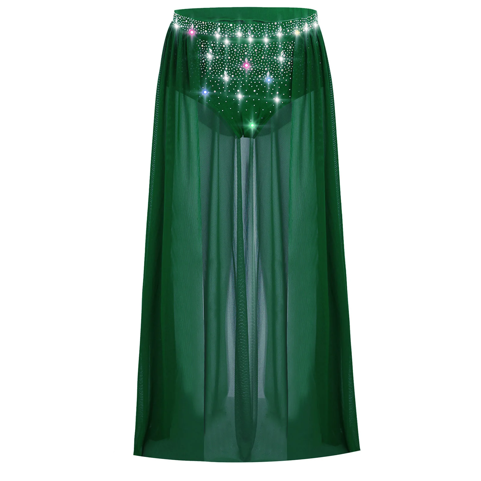 Kids Shiny Rhinestones Open Front Flowy Sheer Mesh Skirt Girls Lyrical Dance Costume Teens Modern Contemporary Dance Skirts