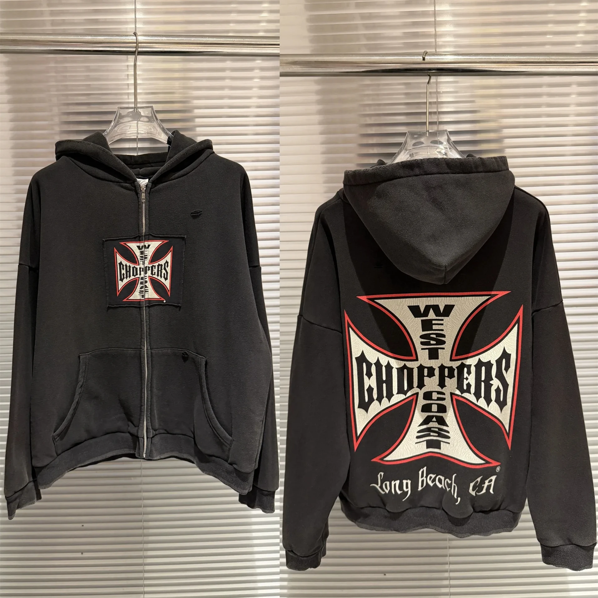 

Промытый кардиган на западном побережье Choppers с нашивкой, пуловер с капюшоном для мужчин и женщин, высококачественная тяжелая ткань, свободный капюшон