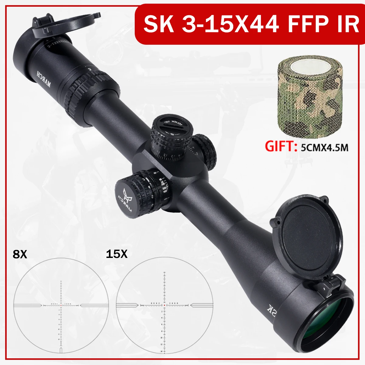 

Оптический прицел MARCH SK 3-15x44 FFP для PCP, тактический, для охоты и страйкбола, регулируемый, Caza Scope