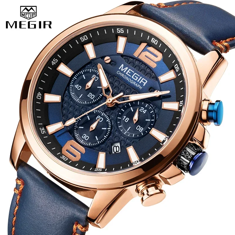 MEGIR Luxury Men's Watch Top Brand Sport Quartz Men Watches Chronograph Waterproof Man Leather Date Wristwatch Relogio Masculino