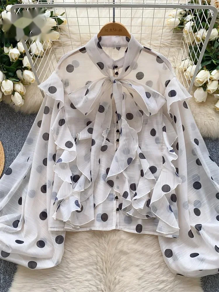 

Spring Chiffon Polka Dot Blouse Women Bow Collar Long Lantren Sleeve Fashion Casual Streetwear Basics Loose Thin Tops