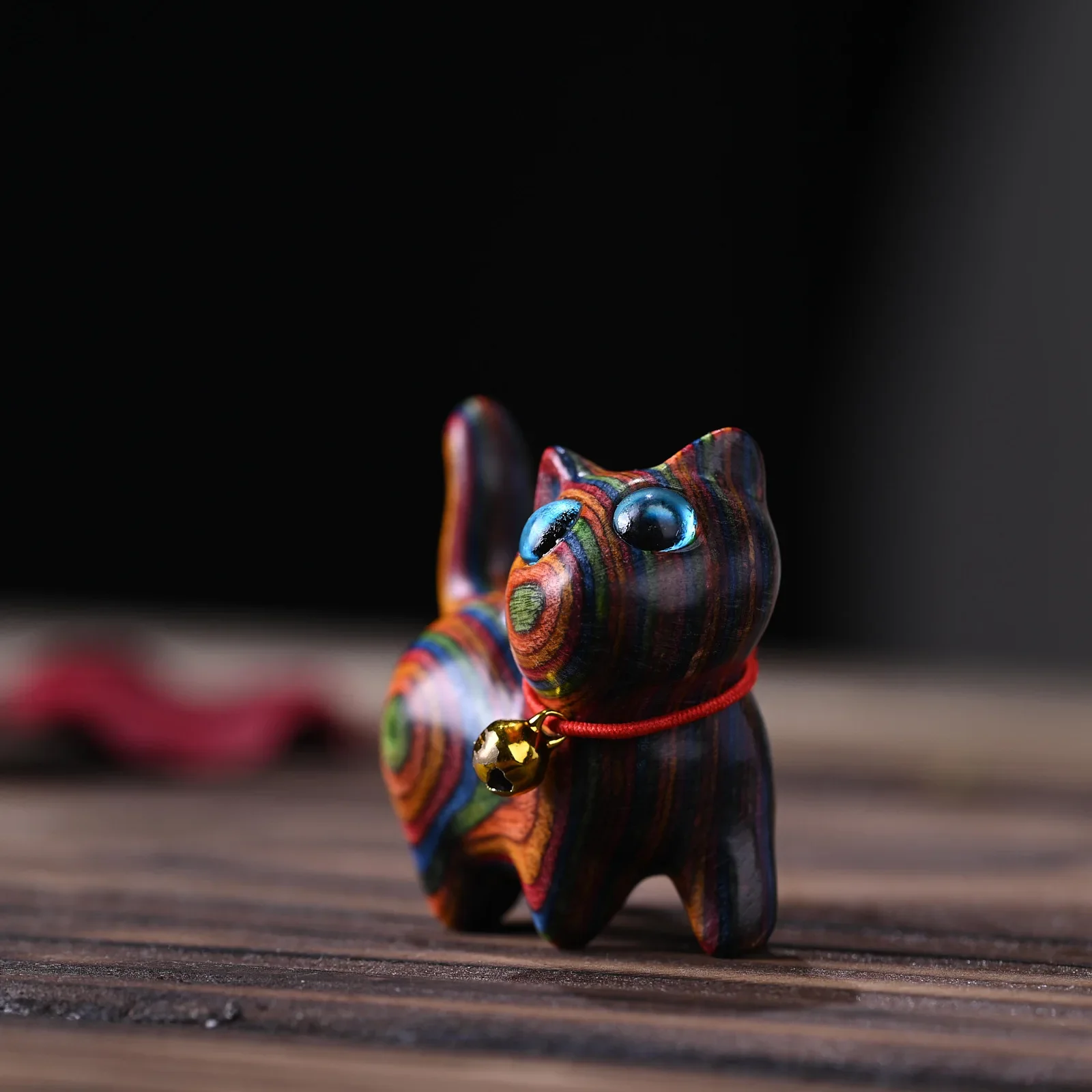 Rainbow Wood Carving Cute Cat Handle Pieces Rainbow Tilted Kitten Mini Desktop Ornaments Crafts Home Creative Figurine Miniature