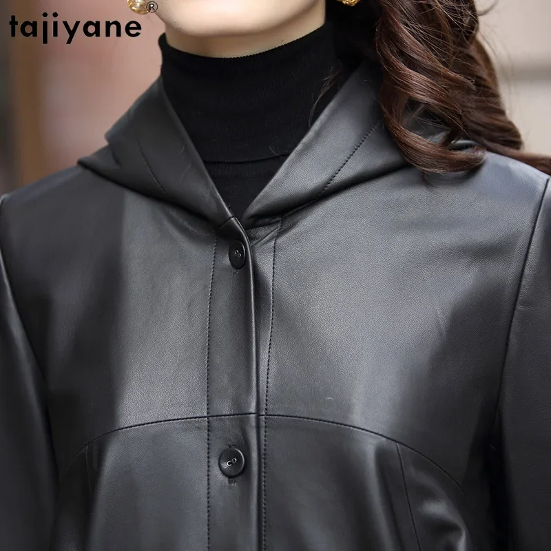 Tajiyane Veste en cuir de mouton véritable pour femme, vestes à capuche en cuir véritable, manteau mi-long, haute qualité