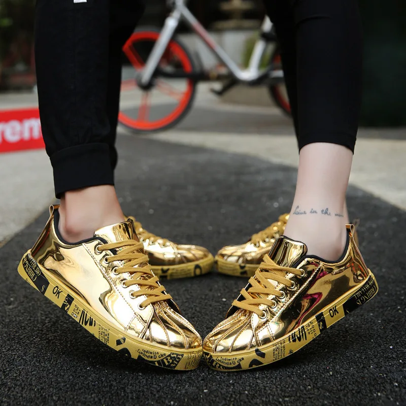 Luxury Gold Leather Casual Shoes for Men Bling Hip-hop Couple Shoes Lace Up Sneakers Men Footwear Street Shoes Zapatos De Hombre