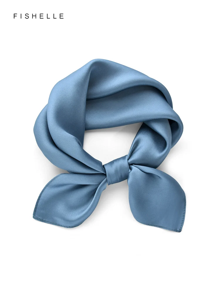 Solid Color Mist Blue Natural Silk Scarfs Women\'s Small Square Scarves Hair bands Real Silk Scarf Men\'s Handkerchief Headscarf