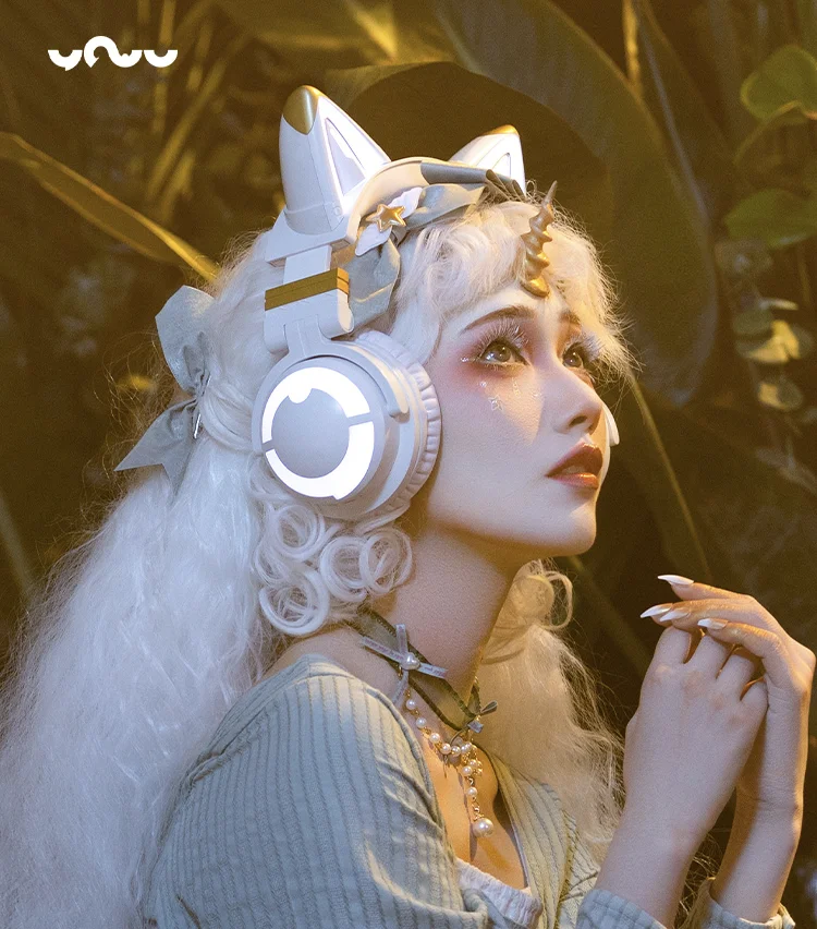 YOWU 3G Cat Ears Aurora White Bluetooth Headset 12 Colors RBG Light Noise Reduction Wireless Gaming Headphone Support APP